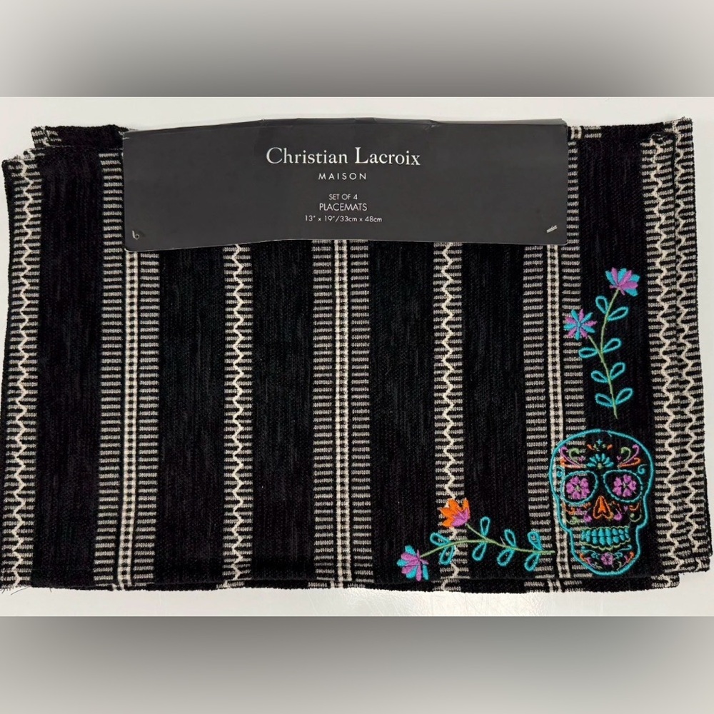 NEW Christian Lacroix Dia De Los Muertos Placemats 4pc Set 13x19 Skulls Day Dead